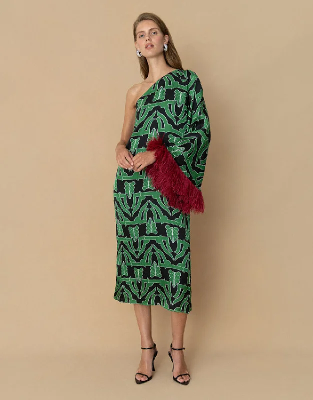 Aubrey Hammered Satin Midi Dress - Geo Black - SALE Earthy Women's Hemp - based