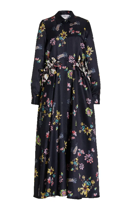 Clive Shirtdress in Dark Navy Multi Printed Silk Laid - back Women's Vibe