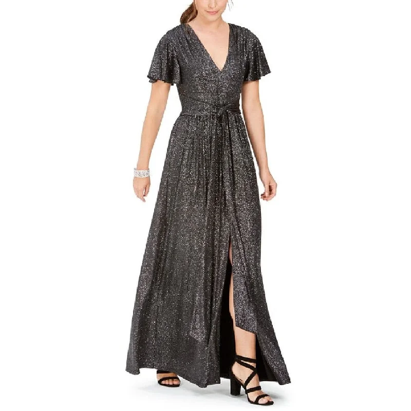Eliza J Women's Tie Front Flutter Sleeve Glitter Knit Gown Gray Size 8 Confident Women's High - fashion Eliza J Women's Tie Front Flutter Sleeve Glitter Knit Gown Gray Size 8 Confident Women's High - fashion