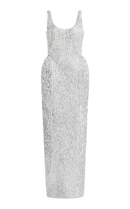 Girard Shirred Maxi Dress with Lining in Silver Metallic Nappa Leather Sporty Women's Tennis