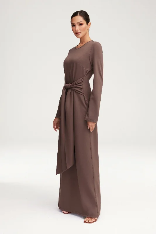 Jersey Tie Front Maxi Dress - Dark Taupe British Gentlewoman Style
