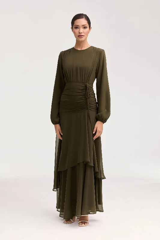 Narjis Side Rouched Maxi Dress - Olive Practical Women's Quick - dry