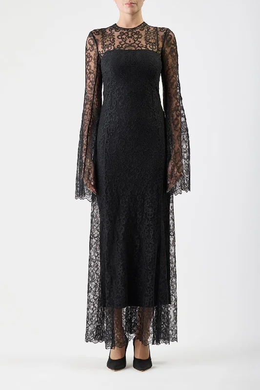 Zimmer Sheer Maxi Dress with Slip in Black Silk Lace Cozy Women's Winter