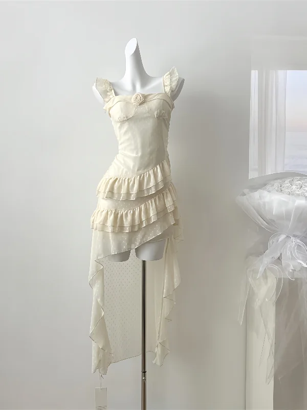 Champagne Asymmetrical Hem Floral Ruffle Dress Trendy Women's 