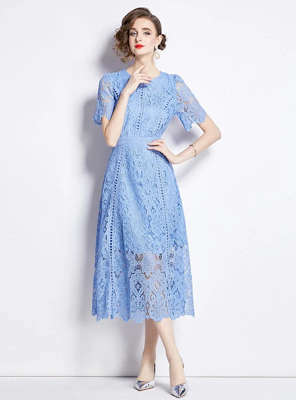 RETRO ROUND NECK LOTUS LEAF SLEEVE LACE DRESS Unique Women's Upcycled