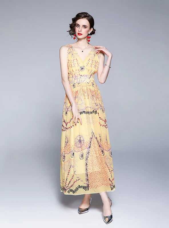 SLEEVELESS V-NECK CHIFFON PRINTED BEACH DRESS Confident Women's High - fashion