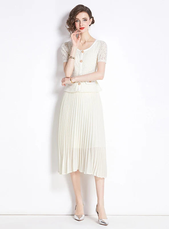 SLIM-FIT LACE PLEATED SHORT SLEEVE DRESS Elegant Women's 