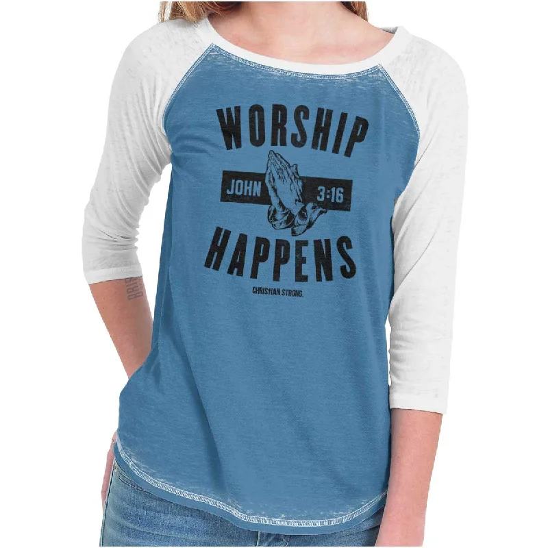 Worship Happens Baseball Raglan T Trendy Women's Oversized