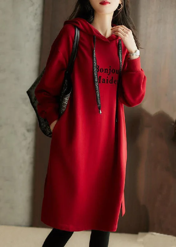 Italian Red Graphic Print Drawstring Long Hoodie Pullover Sweatshirt Long Sleeve Scandinavian